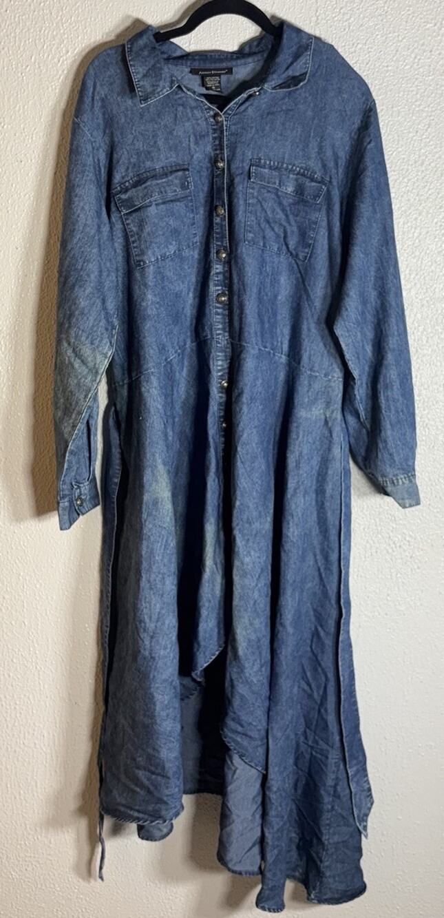 Ashley Stewart Women's Plus 18 Blue Denim Shirt Dress Button Front Belted Midi
